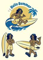 reeks van retro wijnoogst tekening van tropisch surfer mannen vector