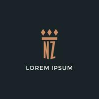 nz logo eerste met pijler icoon ontwerp, luxe monogram stijl logo voor wet firma en advocaat vector