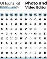 foto en video editor gereedschap zwart glyph ui pictogrammen set. silhouet symbolen Aan wit ruimte. solide pictogrammen voor web, mobiel. geïsoleerd vector illustraties