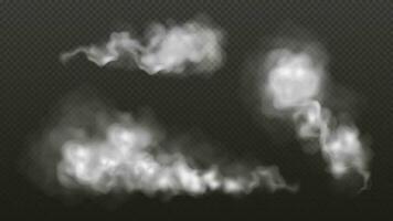 wit stof, rook of mist wolken Aan een transparant achtergrond. poeder of stoom- verstuiven set, aërosol plons, mistig spoor van auto wielen. vector illustratie