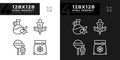 kleinhandel assortiment pixel perfect lineair pictogrammen reeks voor donker, licht modus. voedsel verscheidenheid. online boodschap. supermarkt plank. dun lijn symbolen voor nacht, dag thema. geïsoleerd illustraties. bewerkbare beroerte vector