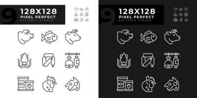 kruidenier op te slaan pixel perfect lineair pictogrammen reeks voor donker, licht modus. voedsel markt. kleinhandel bedrijf. vlees en gevogelte. dun lijn symbolen voor nacht, dag thema. geïsoleerd illustraties. bewerkbare beroerte vector