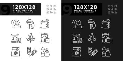 supermarkt producten pixel perfect lineair pictogrammen reeks voor donker, licht modus. kruidenier op te slaan voedsel. dagelijks benodigdheden. dun lijn symbolen voor nacht, dag thema. geïsoleerd illustraties. bewerkbare beroerte vector