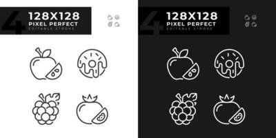 supermarkt items pixel perfect lineair pictogrammen reeks voor donker, licht modus. aan het eten gebruiken. kruidenier lijst. vegetarisch voedsel. dun lijn symbolen voor nacht, dag thema. geïsoleerd illustraties. bewerkbare beroerte vector