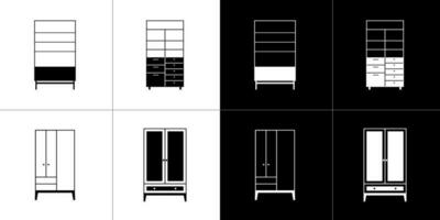 garderobe pictogrammen set. zwart en wit pictogrammen Aan zwart en wit achtergrond vector