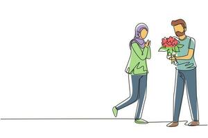 continu één lijntekening arabische man die huwelijksaanzoek doet met vrouw met boeket. jongen verrast zijn meisje en geeft bloemen. betrokkenheid en liefdesrelatie. enkele lijn tekenen ontwerp vectorafbeelding vector