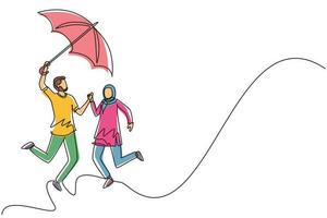 single doorlopend lijn tekening Arabisch paar in liefde wandelen onder regen met paraplu. Mens en vrouw wandelen langs stad straat en springen. getrouwd paar romantisch relatie. een lijn trek grafisch vector