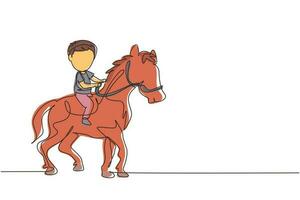 enkele doorlopende lijntekening gelukkige schattige jongen die schattig paard berijdt. kind zittend op rug paard met zadel in ranch park. kinderen leren paardrijden. een lijn tekenen grafisch ontwerp vectorillustratie vector