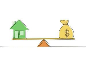 enkele doorlopende lijntekening geld en huis, lening, hypotheek. verander huis in contant concept. Amerikaanse dollar in zak. balans huis en schuld op schalen. een lijn tekenen grafisch ontwerp vectorillustratie vector