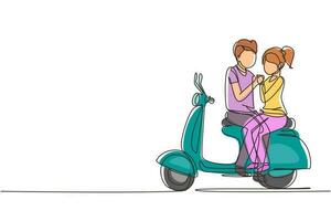 enkele een lijntekening renners paar reis reizen ontspannen. romantische huwelijksreismomenten zitten en praten op de motorfiets. man met vrouw scooter rijden. moderne ononderbroken lijntekening ontwerp grafische vector