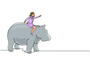 enkele doorlopende lijntekening zakenvrouw rijden nijlpaard symbool van succes. zakelijke metafoor concept, kijken naar doel, prestatie, leiderschap. één regel grafisch ontwerp vectorillustratie vector