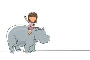 continu één lijntekening gelukkig klein meisje dat op een sterk nijlpaard rijdt. kind zittend op de rug nijlpaard in dierentuin. kinderen leren nijlpaard rijden. enkele lijn tekenen ontwerp vector grafische afbeelding