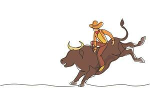 continue een lijntekening cowboy die op een wilde stier rijdt voor een spannende rodeoshow. sterke en dappere cowboy met hoed sluit je aan bij de rodeo-competitie die op een wilde stier rijdt. enkele lijn ontwerp vector grafische afbeelding
