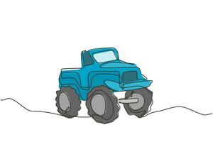 enkele doorlopende lijntekening grote monstertruck. cartoon grappige stijl. zijaanzicht. extreme auto. auto in plat ontwerp. speelgoed monstertruck voor kinderen. een lijn tekenen grafisch ontwerp vectorillustratie vector