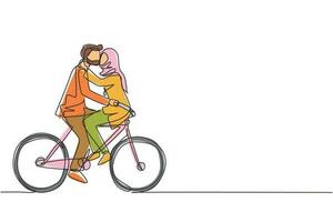 enkele een lijntekening actieve arabische paar samen rijden op de fiets. gelukkige verliefde man en vrouw wielrenner knuffelen gevoel liefde. lachende mensen genieten van buitenactiviteiten. ononderbroken lijntekening ontwerp vector