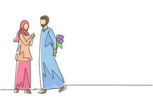 continue een lijntekening arabische man geeft bloemen aan vrouw. jonge man geven aan vrouw boeket bloemen voor voorstellen. romantisch verliefd stel. enkele lijn tekenen ontwerp vector grafische afbeelding