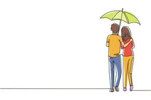 continu één lijntekening achteraanzicht liefhebbers paar in regen. verliefde paar wandelen onder de regen met paraplu. gelukkige man en vrouw lopen langs de stadsstraat. enkele lijn tekenen ontwerp vectorafbeelding vector