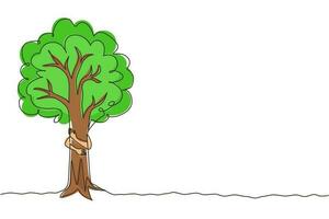 enkele een lijntekening man knuffelen boom in park. symbool van liefdevolle planten en het milieu. landbouw. aarde dag, ecologie concept. moderne doorlopende lijn tekenen ontwerp grafische vectorillustratie vector