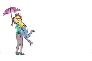 enkele doorlopende lijntekening schattig paar verliefd onder regen met paraplu. gelukkige man en vrouw lopen in het park en springen. echtpaar romantische relatie. een lijn tekenen grafisch ontwerp vector