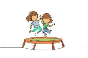 enkele doorlopende lijntekening twee kleine meisjes die samen op de trampoline springen. gelukkige jonge geitjes die op ronde trampoline springen. actieve buitenspelen voor kinderen. één regel grafisch ontwerp vectorillustratie vector