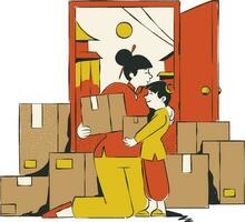 Mens en vrouw in de huis met dozen. vlak ontwerp vector illustratie.
