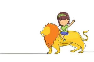 enkele lijntekening gelukkig klein meisje rijdende leeuw. kind zit op de rug grote leeuw op circus evenement. kind leert beest dier te rijden. moderne doorlopende lijn tekenen ontwerp grafische vectorillustratie vector