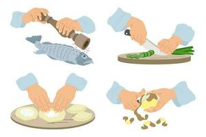 werk in de keuken, clip art set. handen Pel aardappelen, besnoeiing uien, koken vis, maken taarten. voedsel illustratie, vector. vector