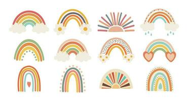 reeks van krabbels, regenbogen, zon met wolken en bloemen in retro boho stijl. baby stickers, plakboek pictogrammen, vector