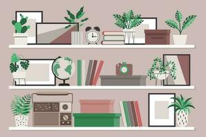 interieur ontwerp. schappen met boeken, radio, alarm klok, schilderijen en ingemaakt planten. de concept van huis comfort. illustratie, vector