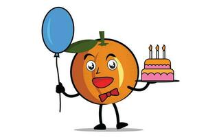 oranje tekenfilm mascotte of karakter Holding ballonnen en verjaardag taart Bij verjaardag viering evenement vector