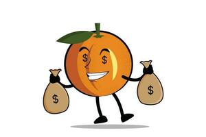 oranje tekenfilm mascotte of karakter draagt een zak van geld, een salaris van zijn bedrijf vector