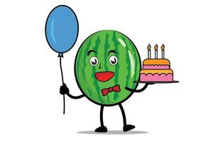 watermeloen tekenfilm mascotte of karakter Holding ballonnen en verjaardag taart Bij verjaardag viering evenement vector