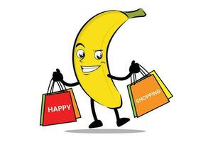 banaan tekenfilm mascotte of karakter dragen kruidenier Tassen en genieten boodschappen doen vector