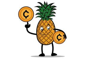 ananas tekenfilm mascotte of karakter Holding crypto munten, digitaal munten of digitaal geld vector