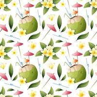 zomer naadloos patroon met tropisch frangipani bloemen en kokosnoot cocktail Aan een groen achtergrond. geschikt voor behang, kleding stof, papier, enz vector