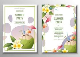 folder reeks met kokosnoot cocktail, cocktail paraplu's en rietjes, frangipani bloemen. zomer strand partij, bar, verfrissend drankjes. banier, folder, a4 poster voor reclame vector