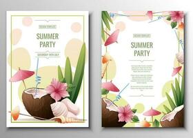 folder reeks met kokosnoot cocktail, cocktail paraplu's en rietjes, hibiscus. zomer strand partij, bar, verfrissend drankjes. banier, folder, a4 poster voor reclame vector