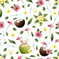 zomer naadloos patroon met tropisch bloemen en kokosnoot cocktail. hibiscus, frangipani, kokosnoot. geschikt voor behang, kleding stof, papier, enz vector