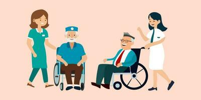 de verpleegster duurt zorg van een opa wie is een gepensioneerd marine, leger en lucht dwingen veteraan. helpen oud gehandicapt mensen. karakter rolstoel, glimlach, Gesloten ogen. uniform. vector