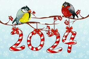 groet kaart of poster gelukkig nieuw jaar 2024 met snoep. tekenfilm vogel tit en goudvink Aan Afdeling 2024 vector