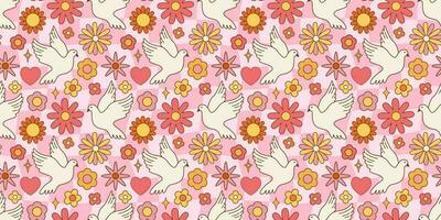 groovy naadloos patroon, bloemen, wit duif. retro hippie stijl, bloemen vector achtergrond van de jaren 60, jaren 70, 80s