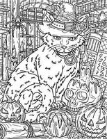 halloween kat met hoed kleur bladzijde voor volwassenen vector