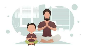 een Mens met een weinig jongen zijn zittend mediteren in de lotus positie. meditatie. tekenfilm stijl. vector