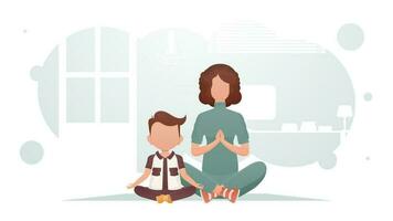 mam en zoon zijn zittend en aan het doen yoga. yoga. tekenfilm stijl. vector