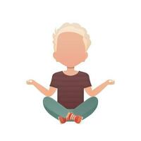 schattig peuter- jongen mediteert met yoga. geïsoleerd. tekenfilm stijl. vector
