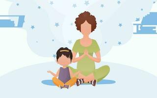 mam en dochter zijn mediteren. tekenfilm stijl. yoga concept. vector illustratie.