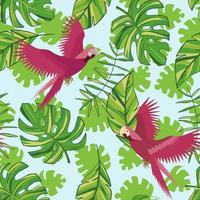 vector hand getekend tropische bladeren en roze papegaaien. tropische collectie. sjabloonontwerp voor stof, envelop, valentijn, voor feest, vakantiedecor.