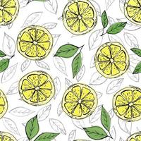 kleurrijk naadloos patroon van hand getrokken citroenen en groene bladeren op witte achtergrond. perfect voor textielproductie, behangposters en web. vector