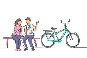 enkele doorlopende lijntekening romantisch paar chatten zittend op de bank. romantische tienerpaar rit fiets. jonge man en vrouw verliefd. dynamische één lijn trekken grafisch ontwerp vectorillustratie vector