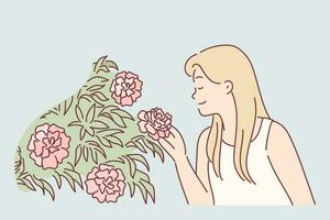 vrouw geniet geur van roos bloemen door inademen geur terwijl wandelen in park of serre. blond haar meisje, sluitend ogen, snuift bloemknoppen van bloemen groeit Aan struiken en bloeiend in voorjaar seizoen vector